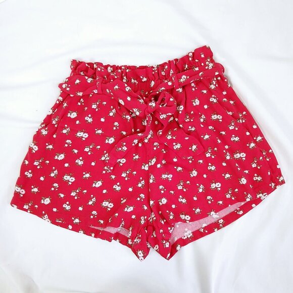 Hollister Floral High-Waisted Shorts S Red White Print Paper Bag Waist Relaxed - Picture 1 of 5